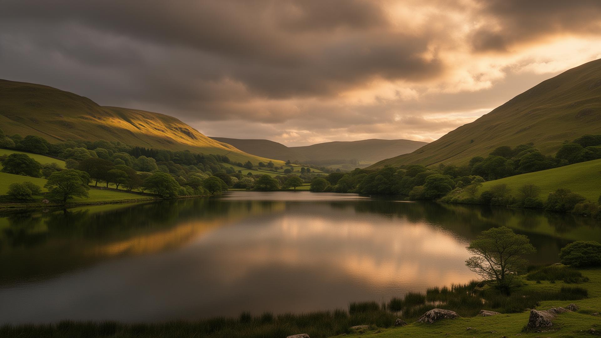 Cumbrian fells and lake at golden hour